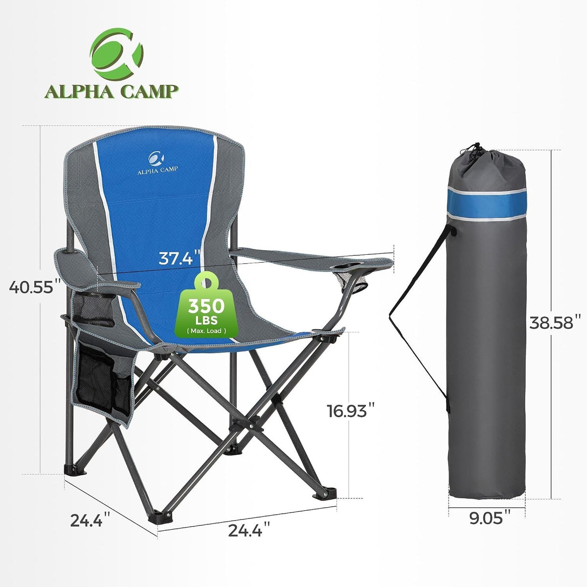 Folding Camping Chair Heavy Duty 160kg High Back Cup Holders Blue Carry Bag