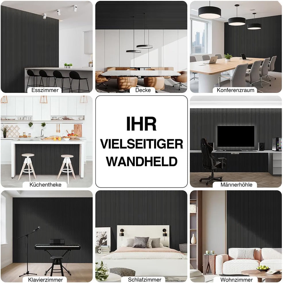 Acoustic Wood Wall Panels 120x60cm 2 Pack 1.44m² Black Slat Sound Absorbing