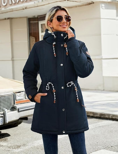Womens Parka Jacket Coat Winter Fleece Lined Hooded Thermal Navy Large
