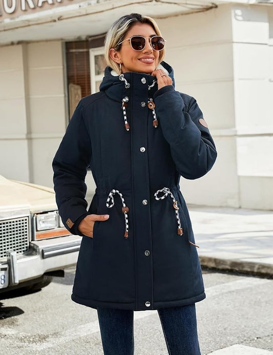 Womens Parka Jacket Coat Winter Fleece Lined Hooded Thermal Navy Large
