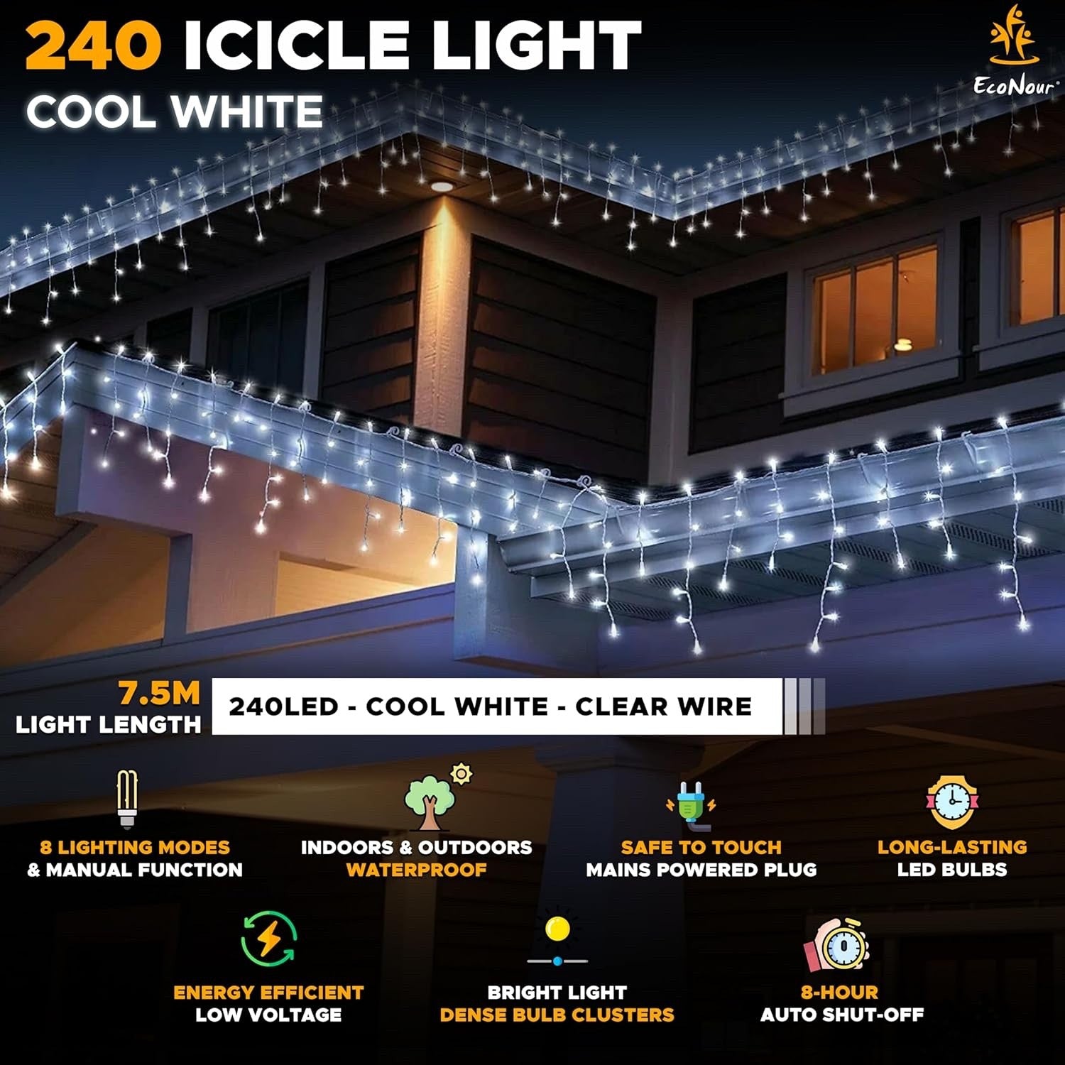 EcoNour Icicle Lights Outdoor Christmas Lights 240 LED 7.5M Cool White