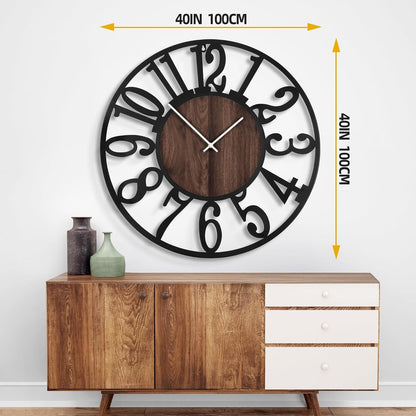 Wall Clock Oversized 40 Inch Metal Wood Arabic Numbers Silent Farmhouse Decor
