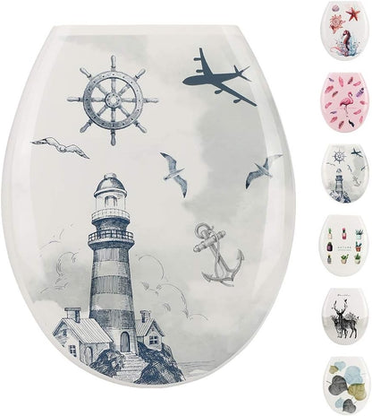 Modern PVC Toilet Seat with Unique Lighthouse Pattern - Easy to Clean, 44x36cm