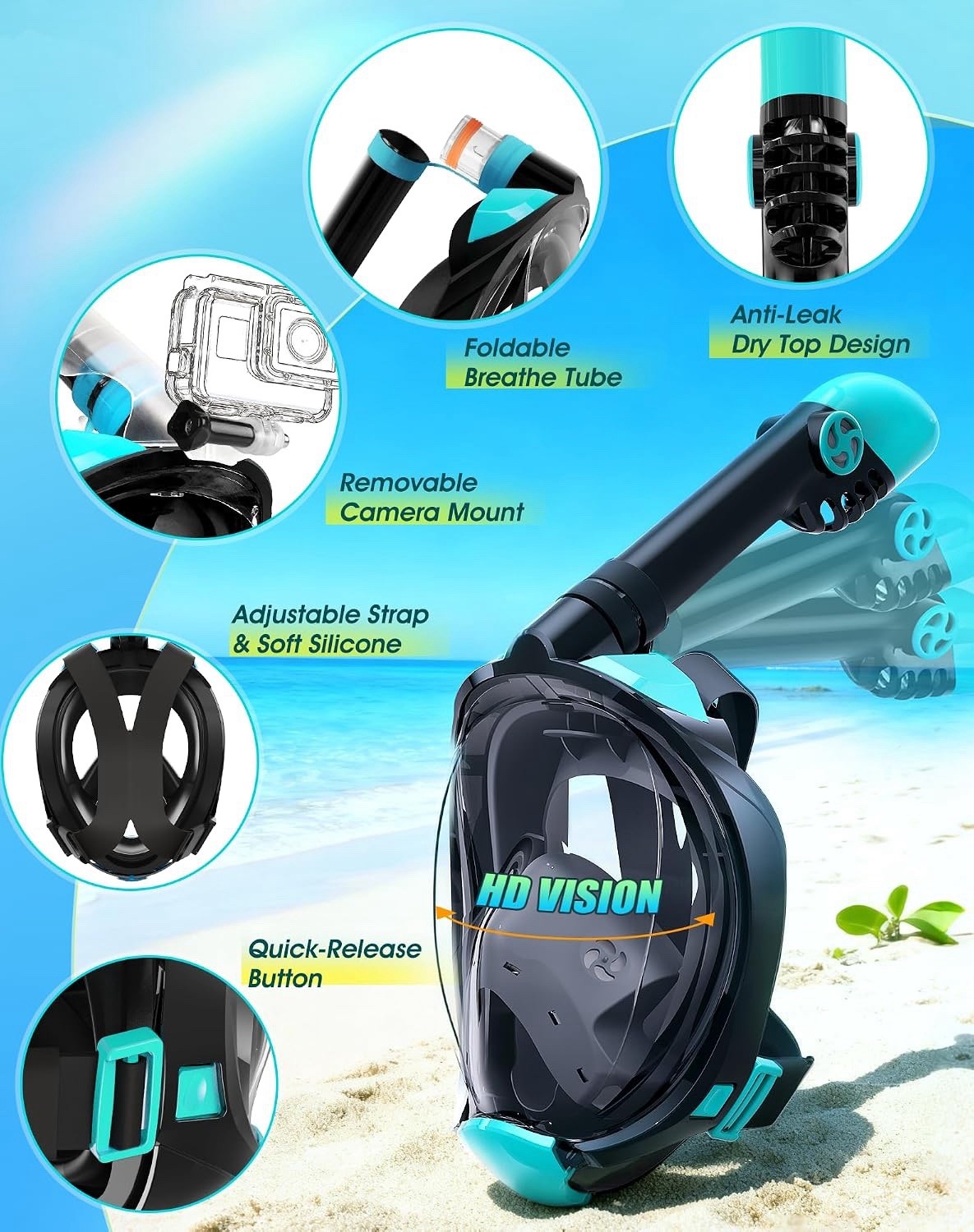 Snorkel Mask Full Face Flippers Set Adults Panoramic Anti Fog Dry Small Medium