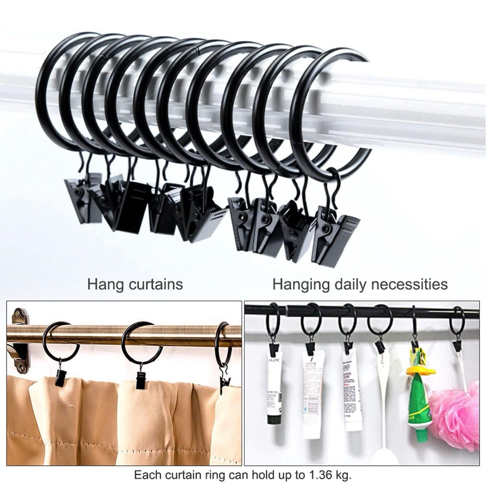 Curtain Rings Meiyaa 20 Pieces Black Metal Drapery Hanging Rings with Clips