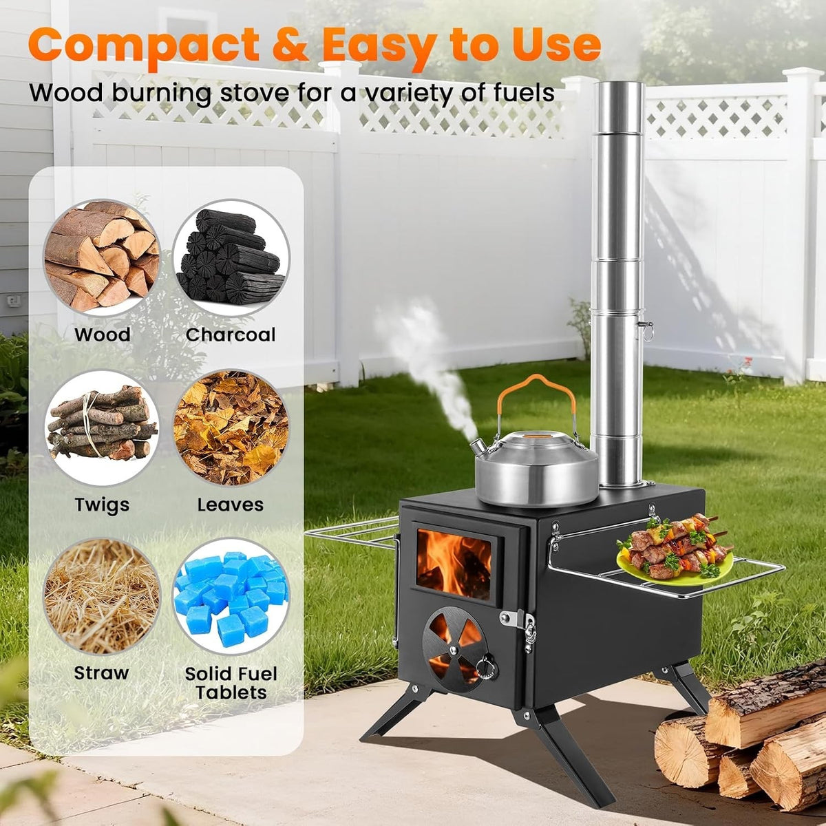 Wood Burning Stove Portable Tent Camping Mini Alloy Steel Chimney Cooking Black