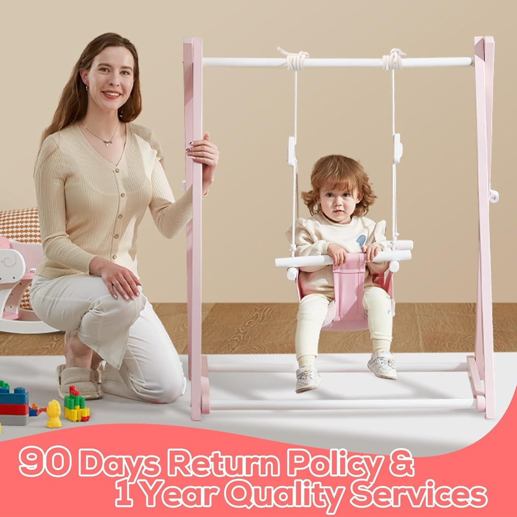 FUNLIO Wooden Toddler Swing Set Foldable Indoor Outdoor Baby 6-36M Pink Backyard