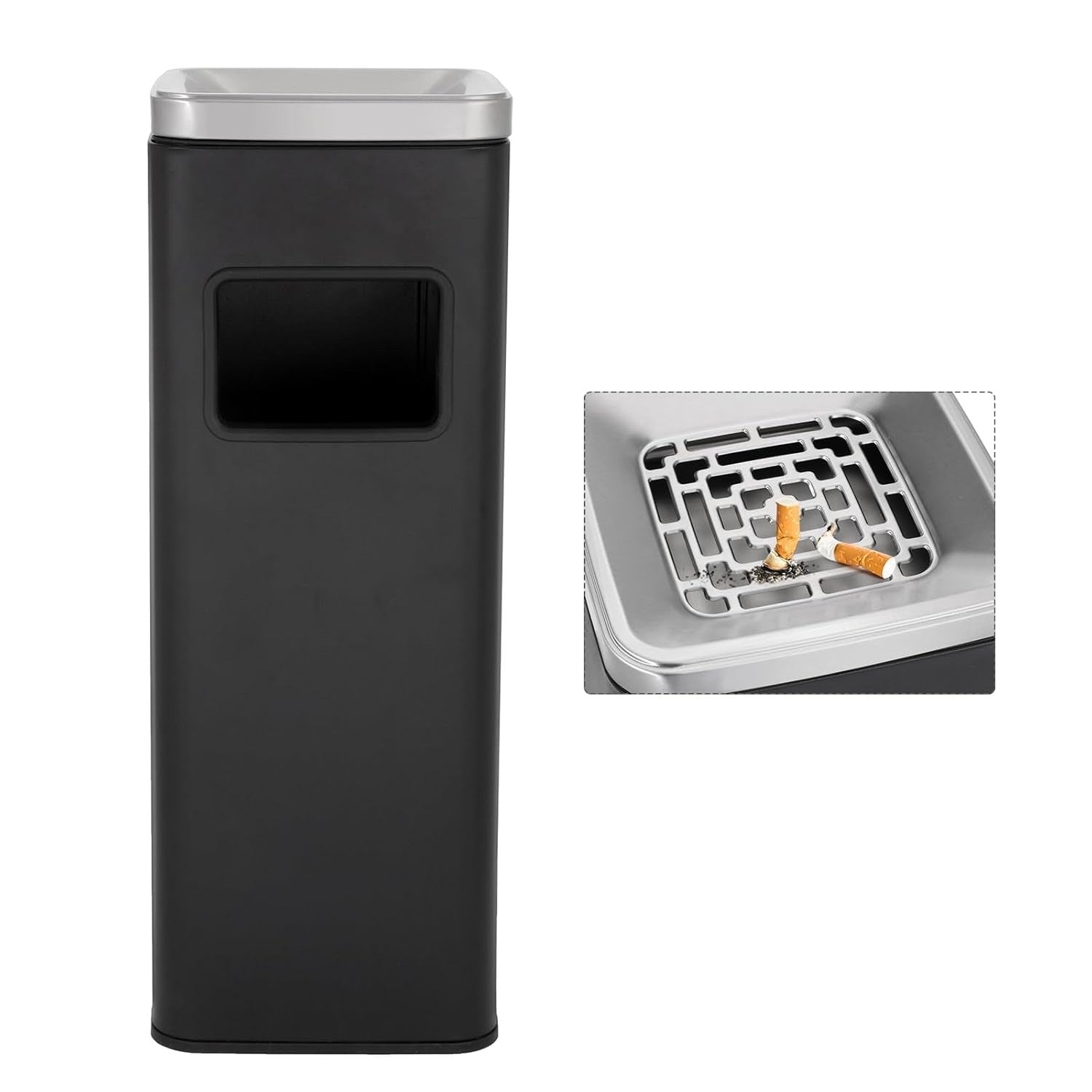 Outdoor Stainless Steel Trash Bin With Lid Commercial Garden Waste Can Black
