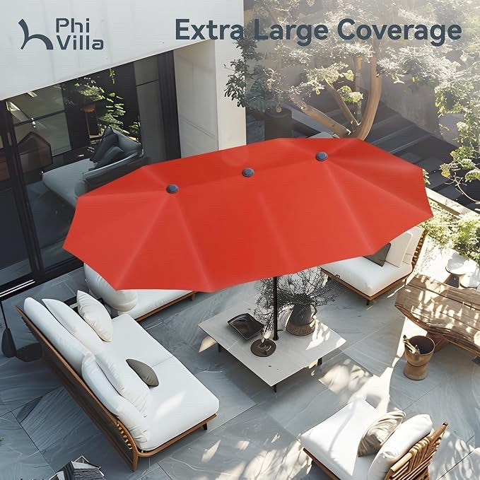 Double Garden Parasol Umbrella 2x3.8m Patio Outdoor Waterproof Crank Orange Red