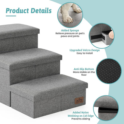 Dog Stairs Pet Steps Foldable Storage Ramp Grey Leakproof Sofa 4 Step 38.1x17x22