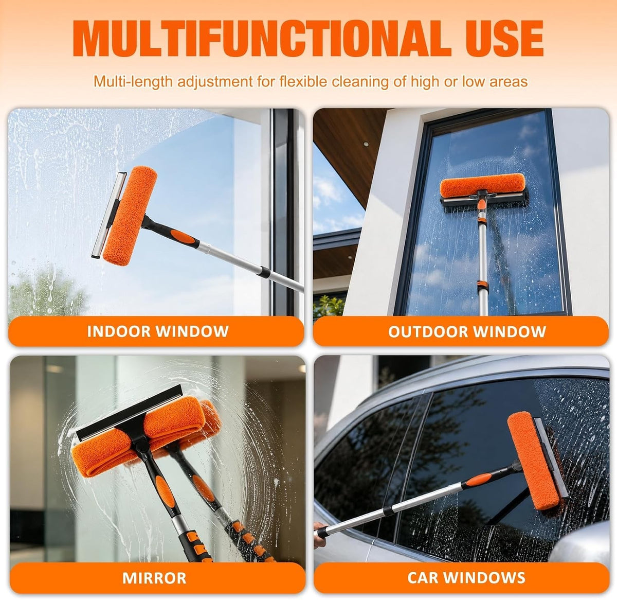 Window Cleaning Pole Telescopic 7.2m Extendable Squeegee 2 in 1 Microfibre Kit