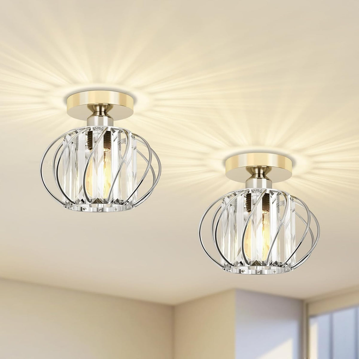Ceiling Lights 2 Pack LED Crystal Chrome Flush Mount E27 19cm Bathroom Kitchen