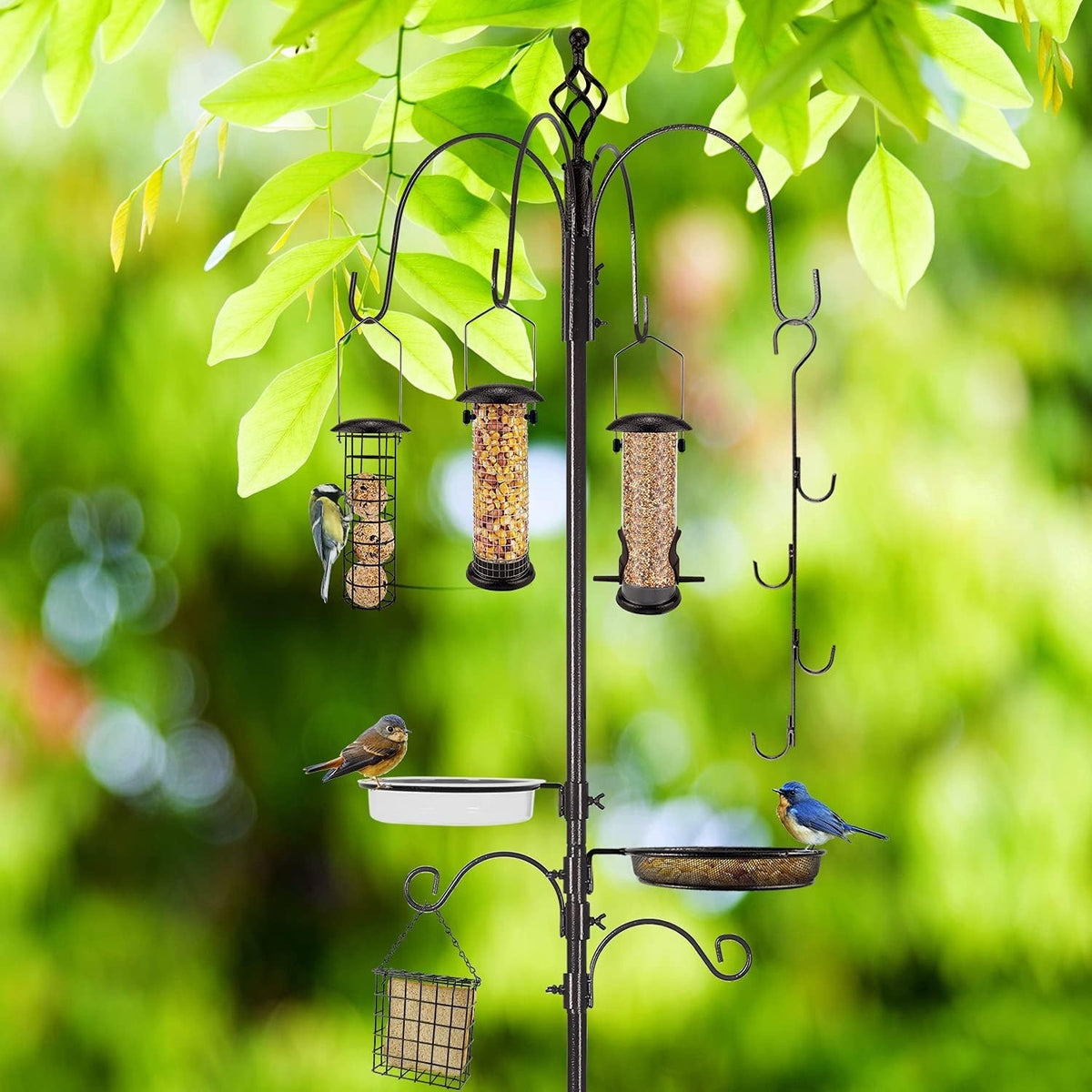 Bird Feeder Feeding Station Pole 231cm 6 Feeders Metal Garden Stand 5 Prong Base