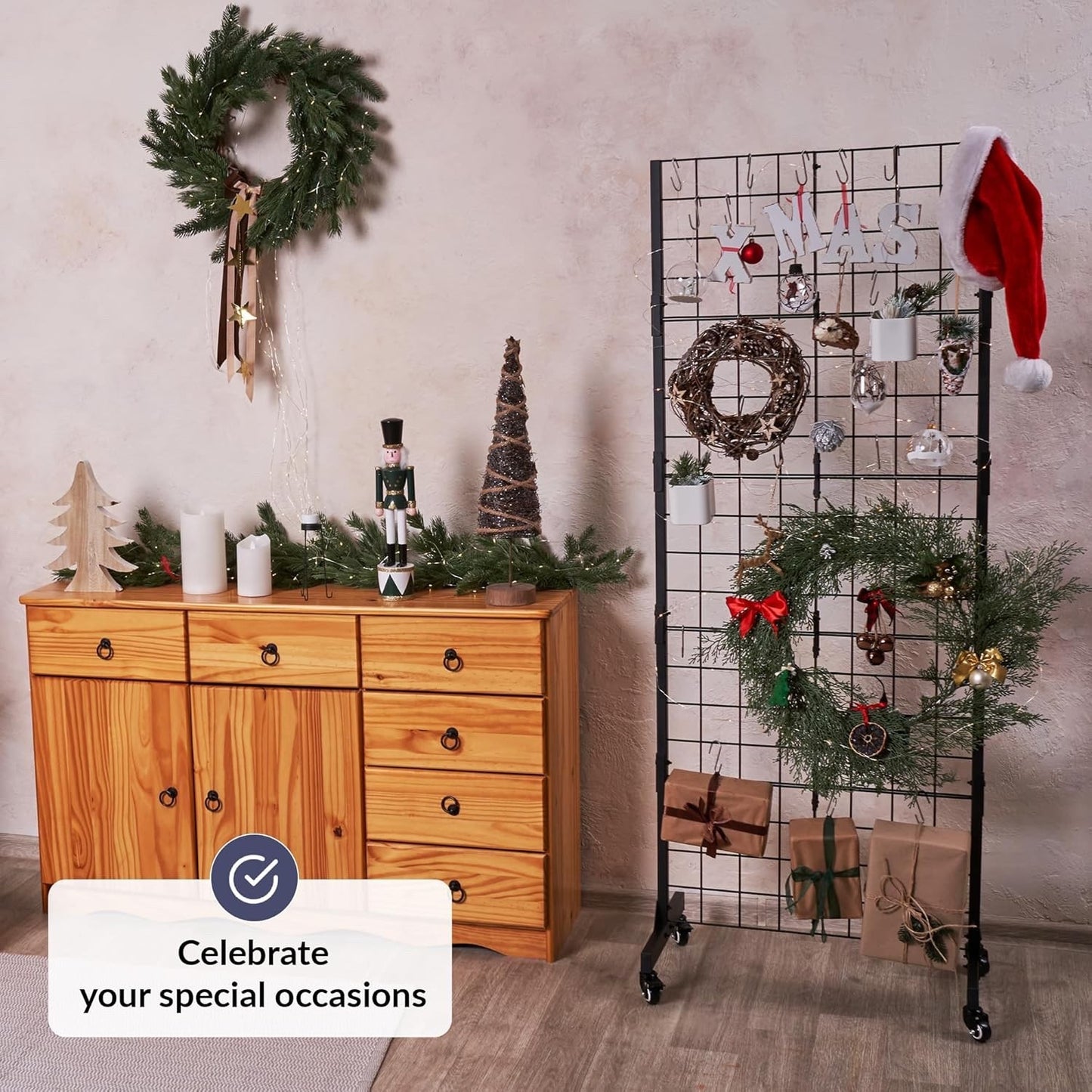 ODOXIA 2 packs | Grid wall | Black Metal Display Rack With Wheels, Space Saving