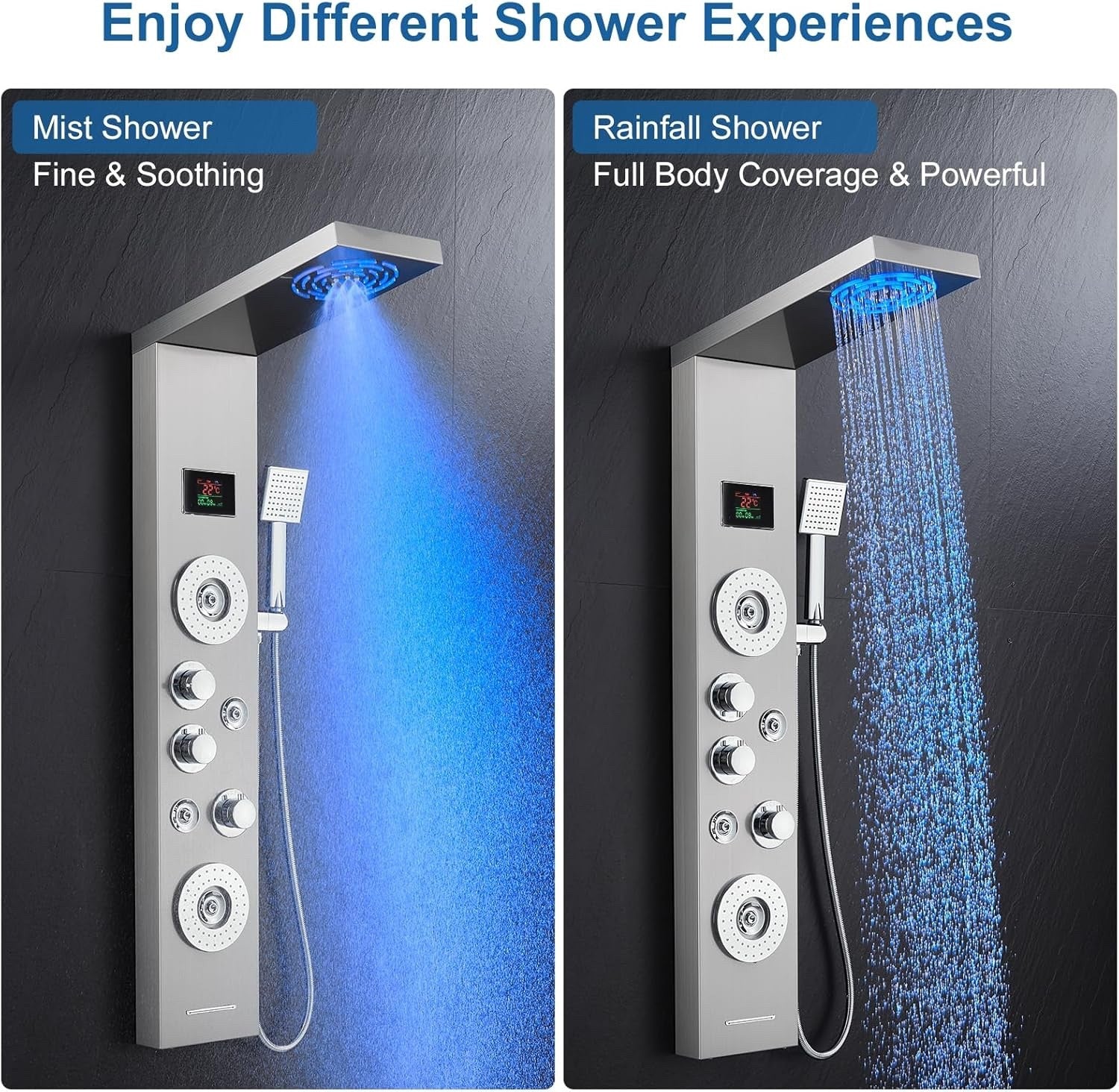Shower Panel Tower 6 Function LED Display Rain Mist Jets Handset Mixer Brushed