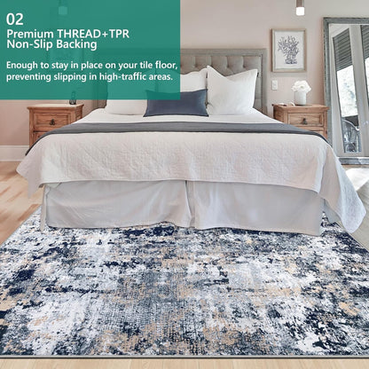 Large Area Rug Carpet 200x300cm Navy Blue Abstract Washable Non Slip Low Pile