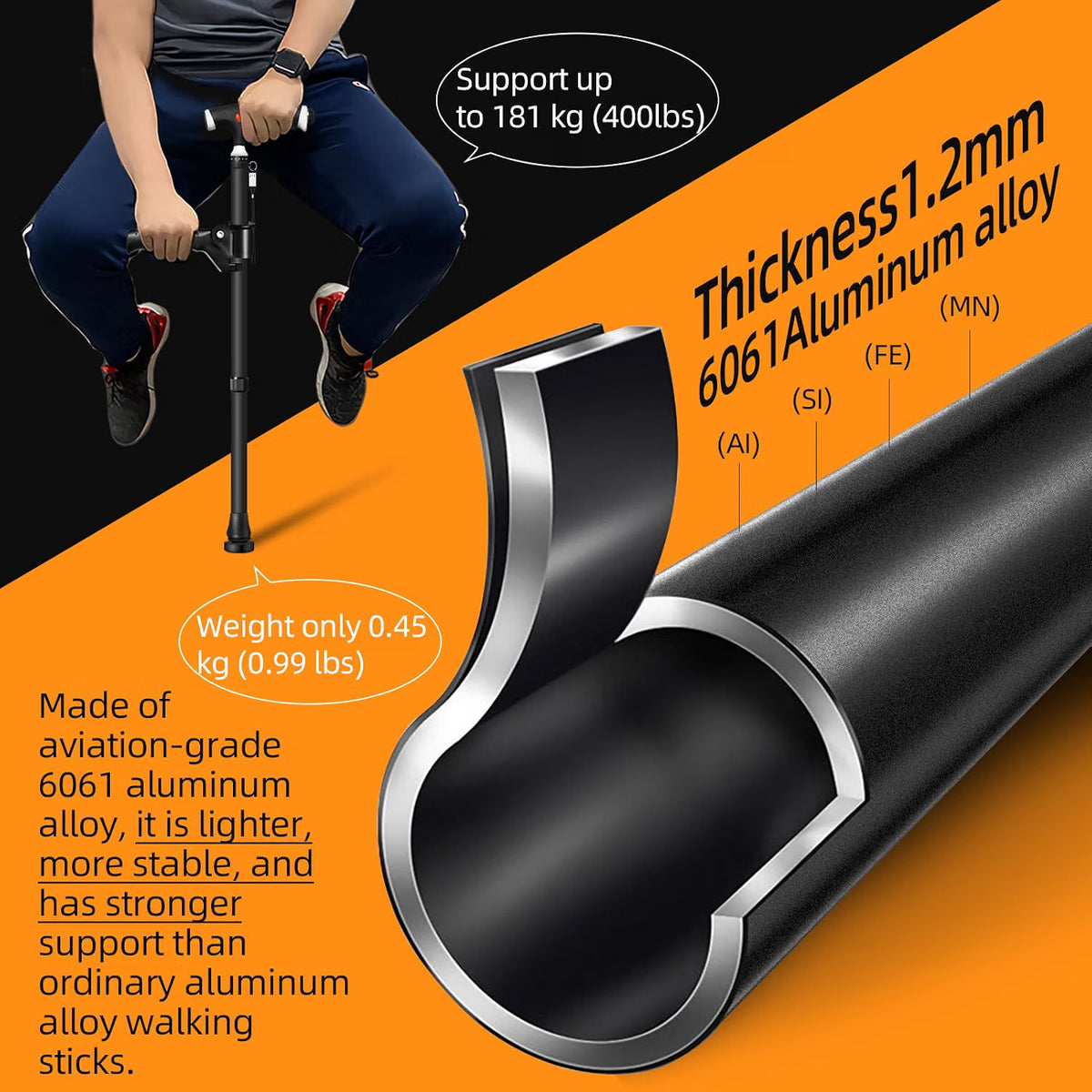 Walking Stick Adjustable 2nd Handle LED Light Men Women Seniors Arthritis Black