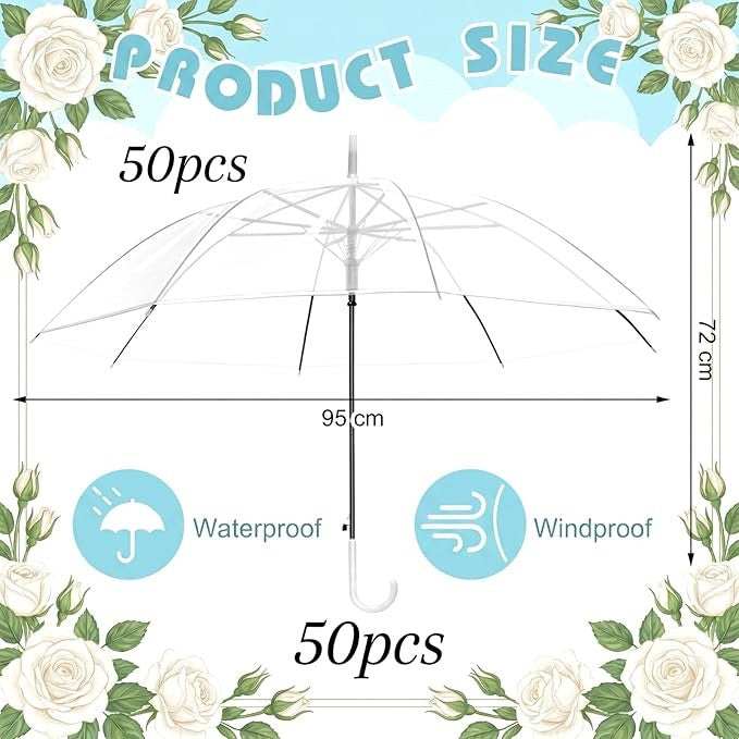 50 Pack Clear Umbrellas Wedding Transparent Dome White Handle Semi Automatic