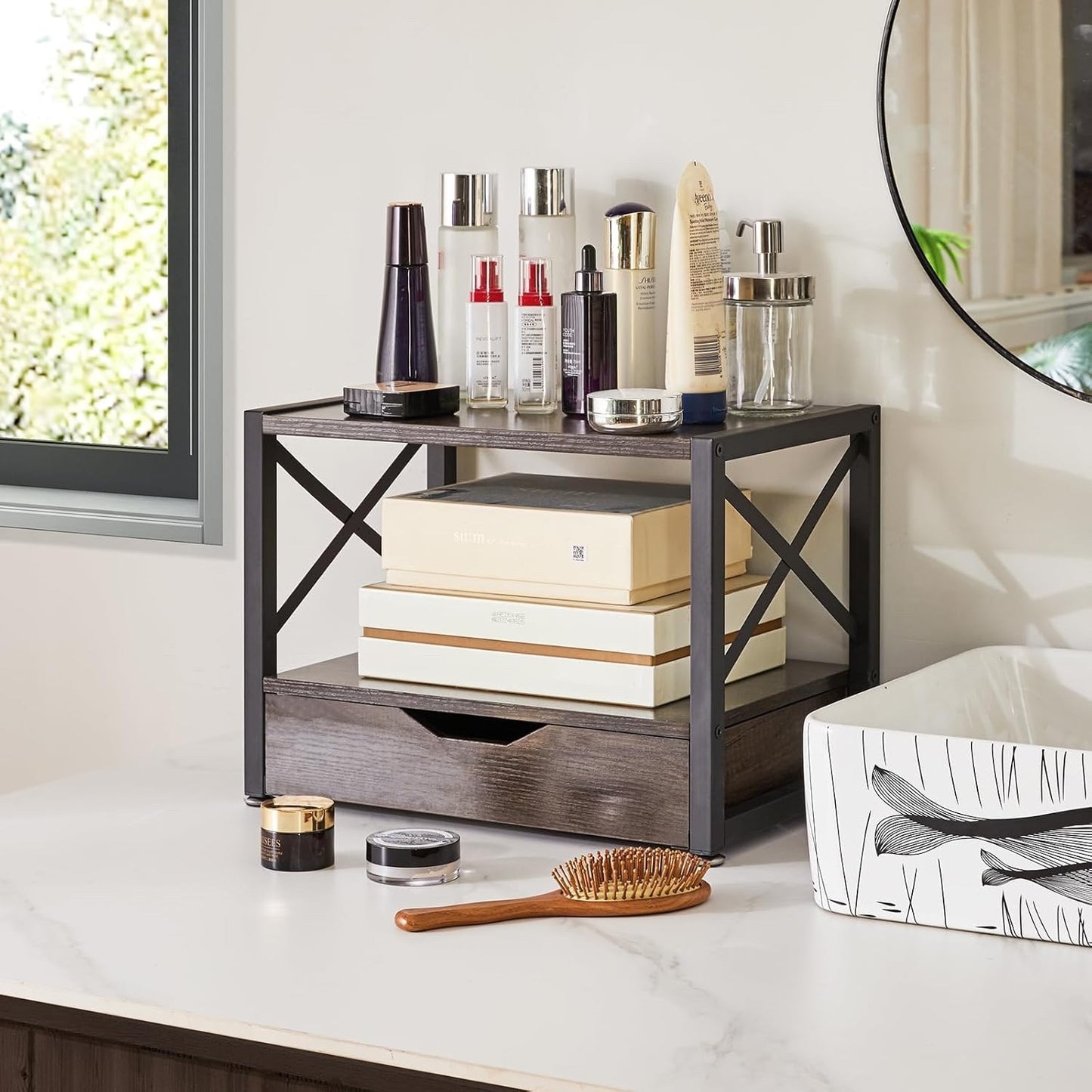 Printer Stand Desktop 2 Tier Storage Drawer Shelf Grey Wood Office Organizer