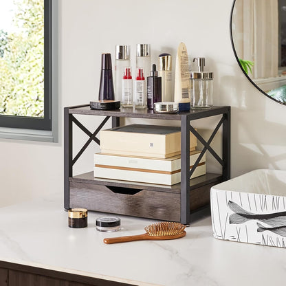 Printer Stand Desktop 2 Tier Storage Drawer Shelf Grey Wood Office Organizer