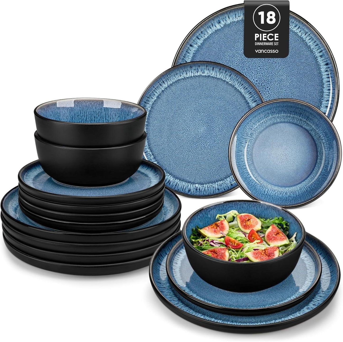 Ceramic Dinner Set Plates Bowls Blue Reactive Glaze Stoneware Tableware 17pc