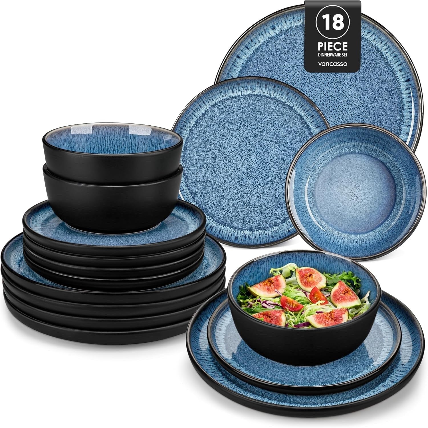 Ceramic Dinner Set Plates Bowls Blue Reactive Glaze Stoneware Tableware 17pc