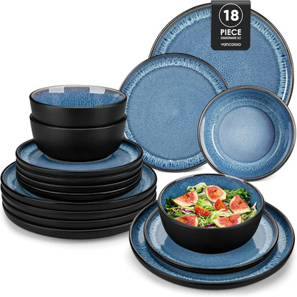 Ceramic Dinner Set Plates Bowls Blue Reactive Glaze Stoneware Tableware 17pc
