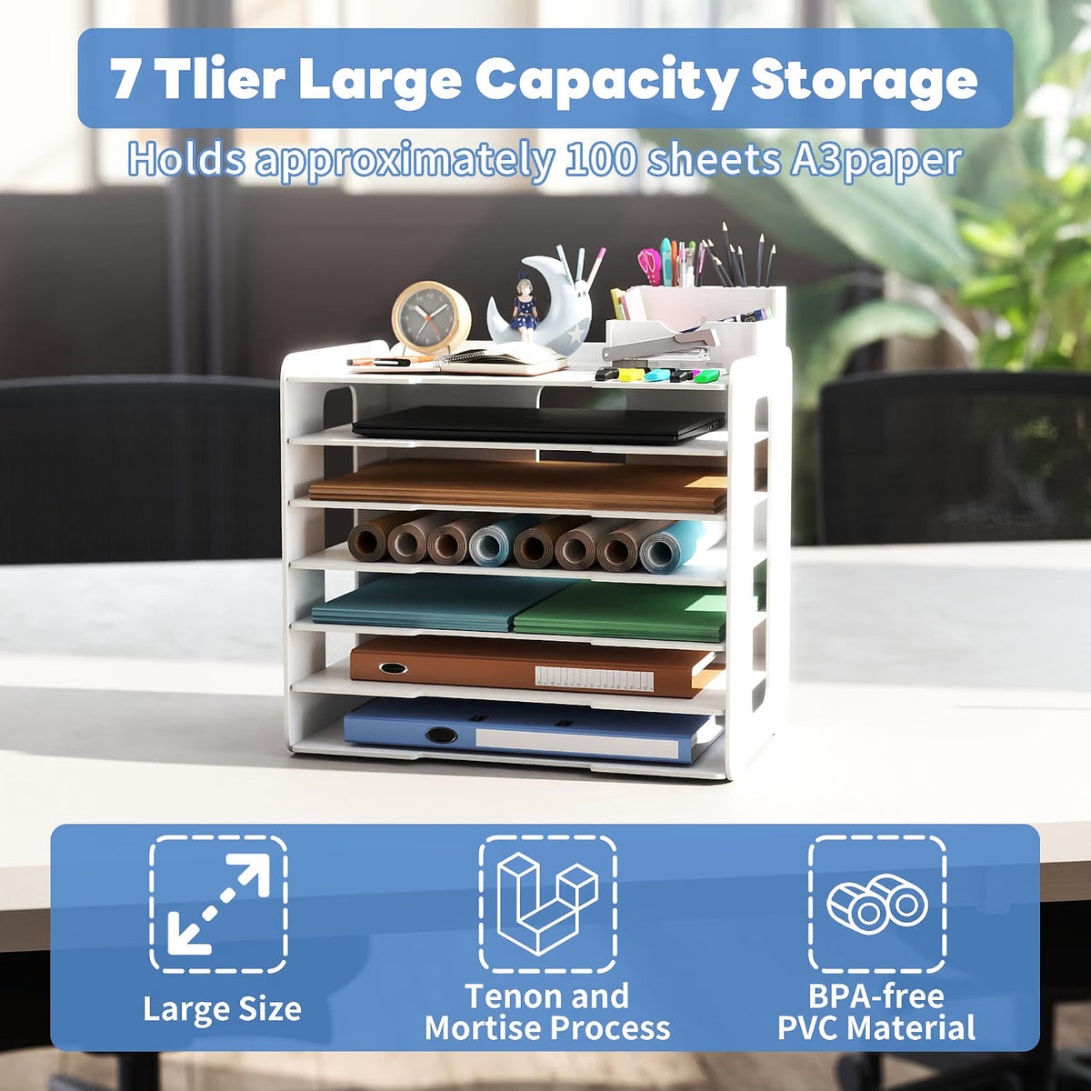 A3 Paper Organizer Desktop Storage 7 Compartment Document Sorter White PVC Rack