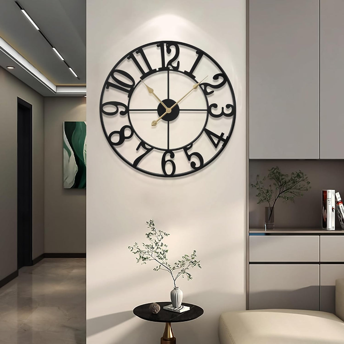 Large Wall Clock Metal Round 47cm Black Silent Non Ticking Battery Vintage Style
