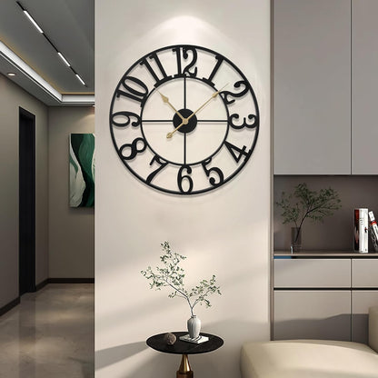 Large Wall Clock Metal Round 47cm Black Silent Non Ticking Battery Vintage Style
