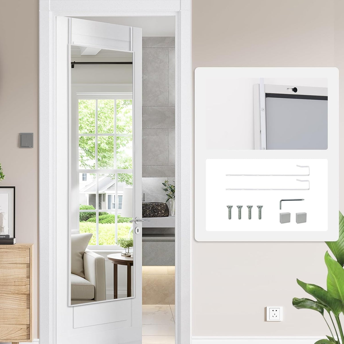 Over Door Full Length Mirror 122x35cm White Frame Bedroom Hanging Wall Mounted
