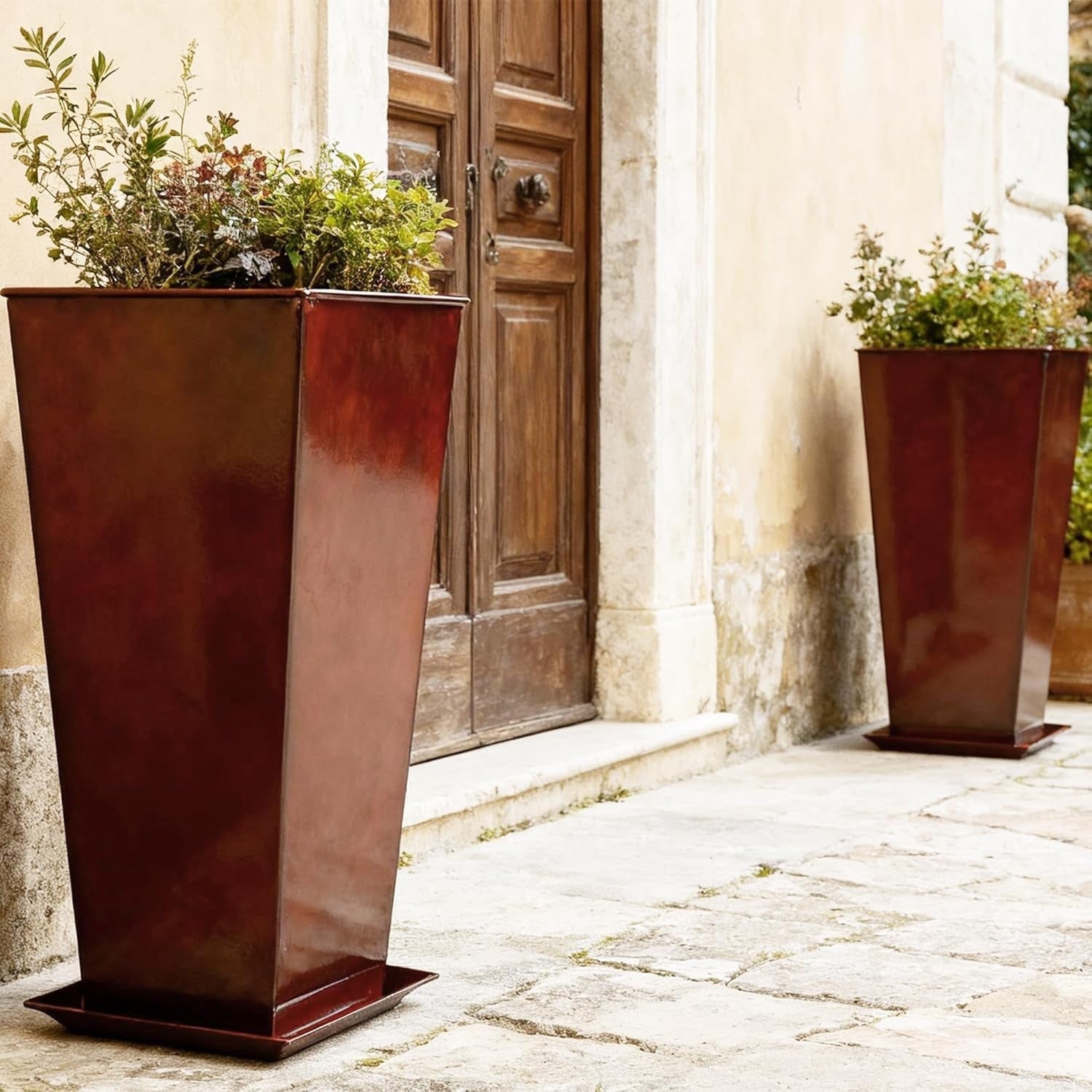 Large Planter Pots Set 2 71cm Tapered Green Glossy Indoor Outdoor 40L Metal