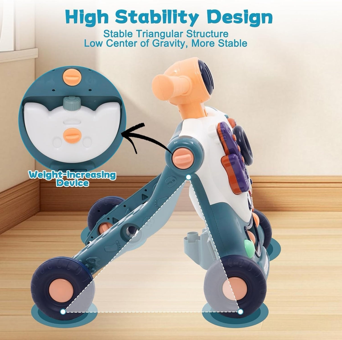 Baby Walker Push Along Toy 3 in 1 Sit Stand Ride On Blue Music Activity Panel