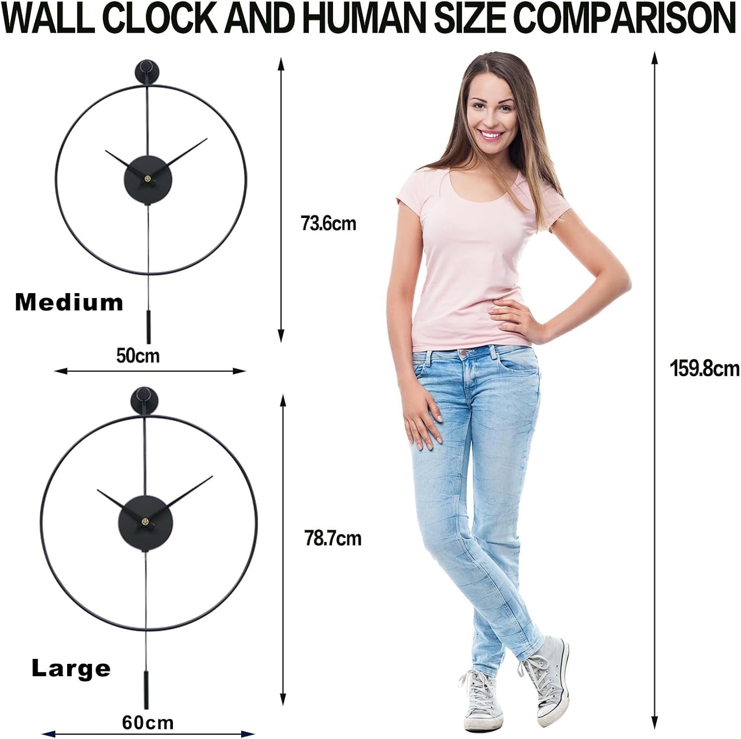 Large Wall Clock Pendulum Silent 60cm Black Modern Metal Analogue Home Decor