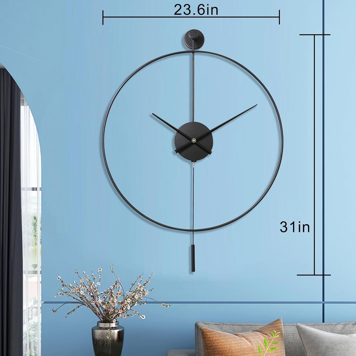 Large Decorative Wall Clock 60cm 24in Metal Silent Non Ticking Pendulum Black