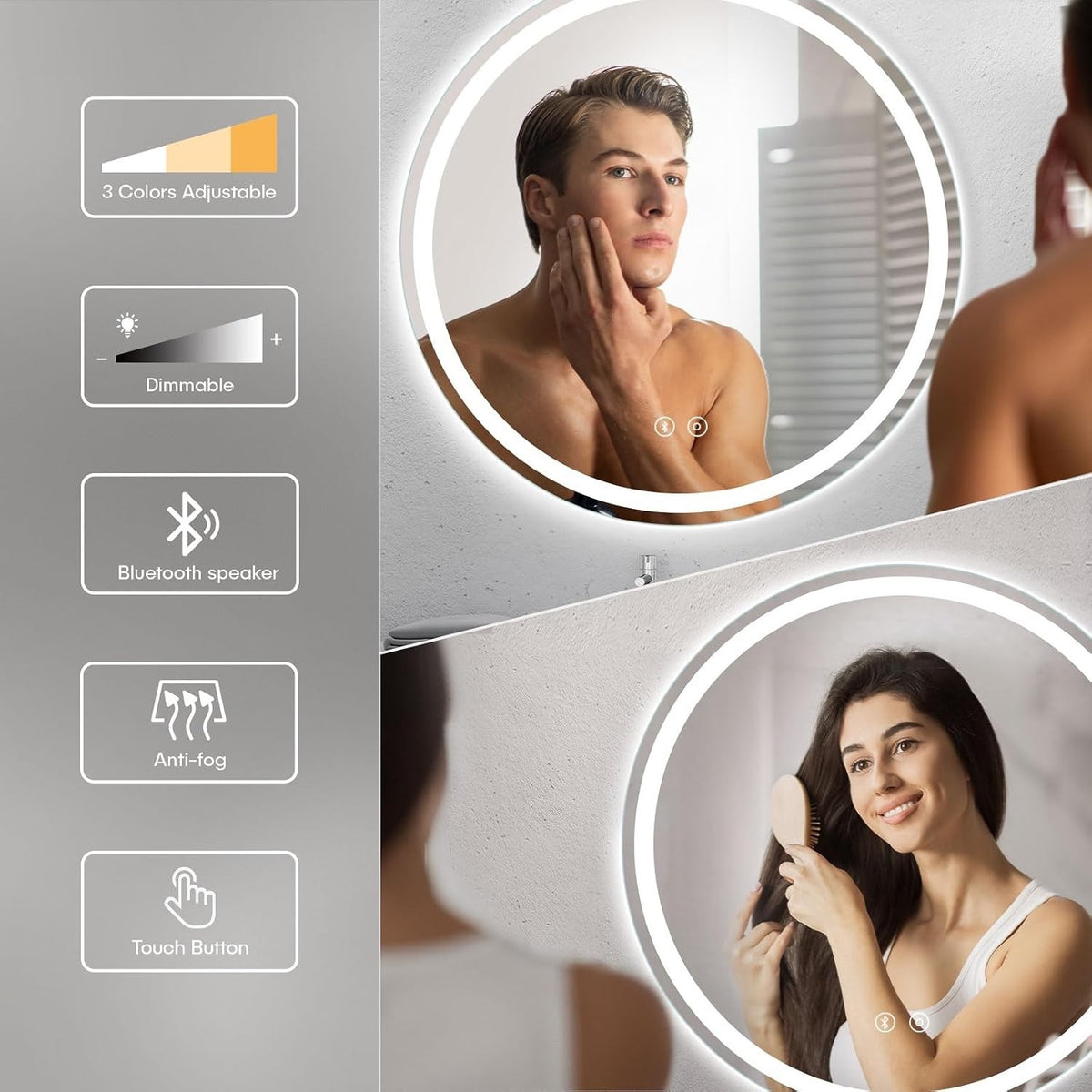 LED Bathroom Mirror Bluetooth Round 500mm Speaker Anti Fog Dimmable Backlit IP44
