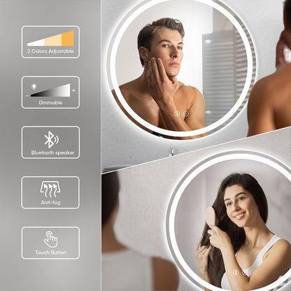 LED Bathroom Mirror Bluetooth Round 500mm Speaker Anti Fog Dimmable Backlit IP44