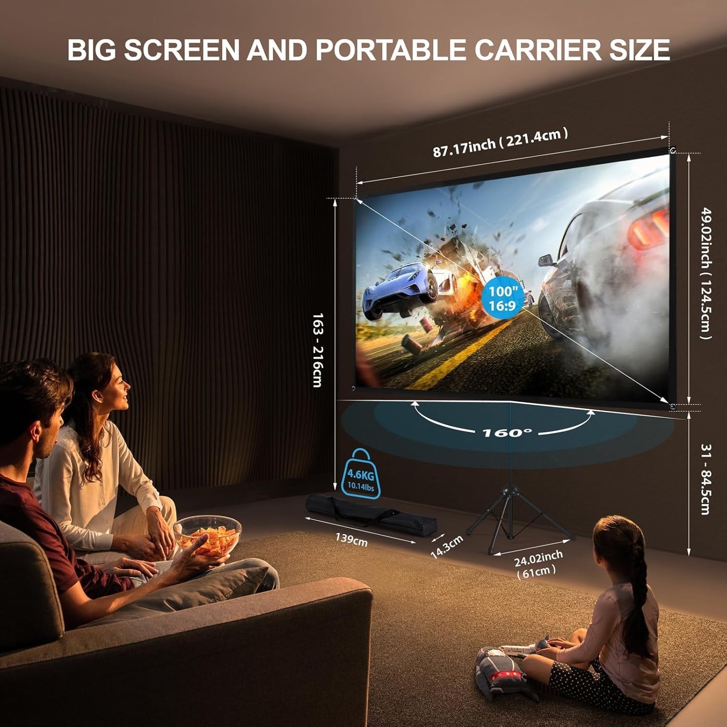 100 Inch Projector Screen with Tripod Stand 16:9 Outdoor 1.2 Gain