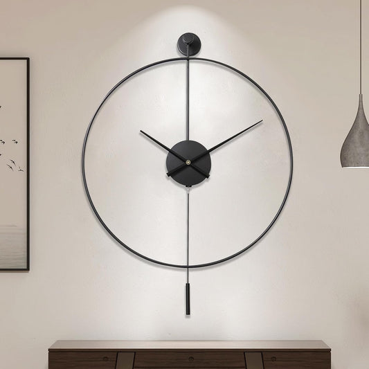 Large Decorative Wall Clock 60cm 24in Metal Silent Non Ticking Pendulum Black