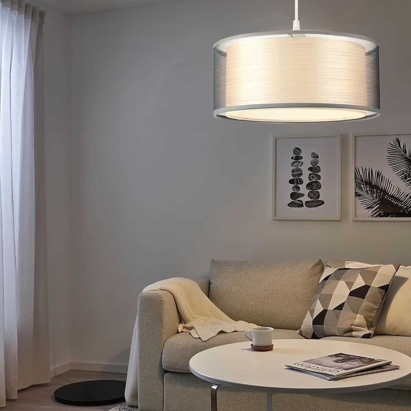 Modern Grey Ceiling Light Shade 2 Tier Drum Fabric Lampshade 30cm
