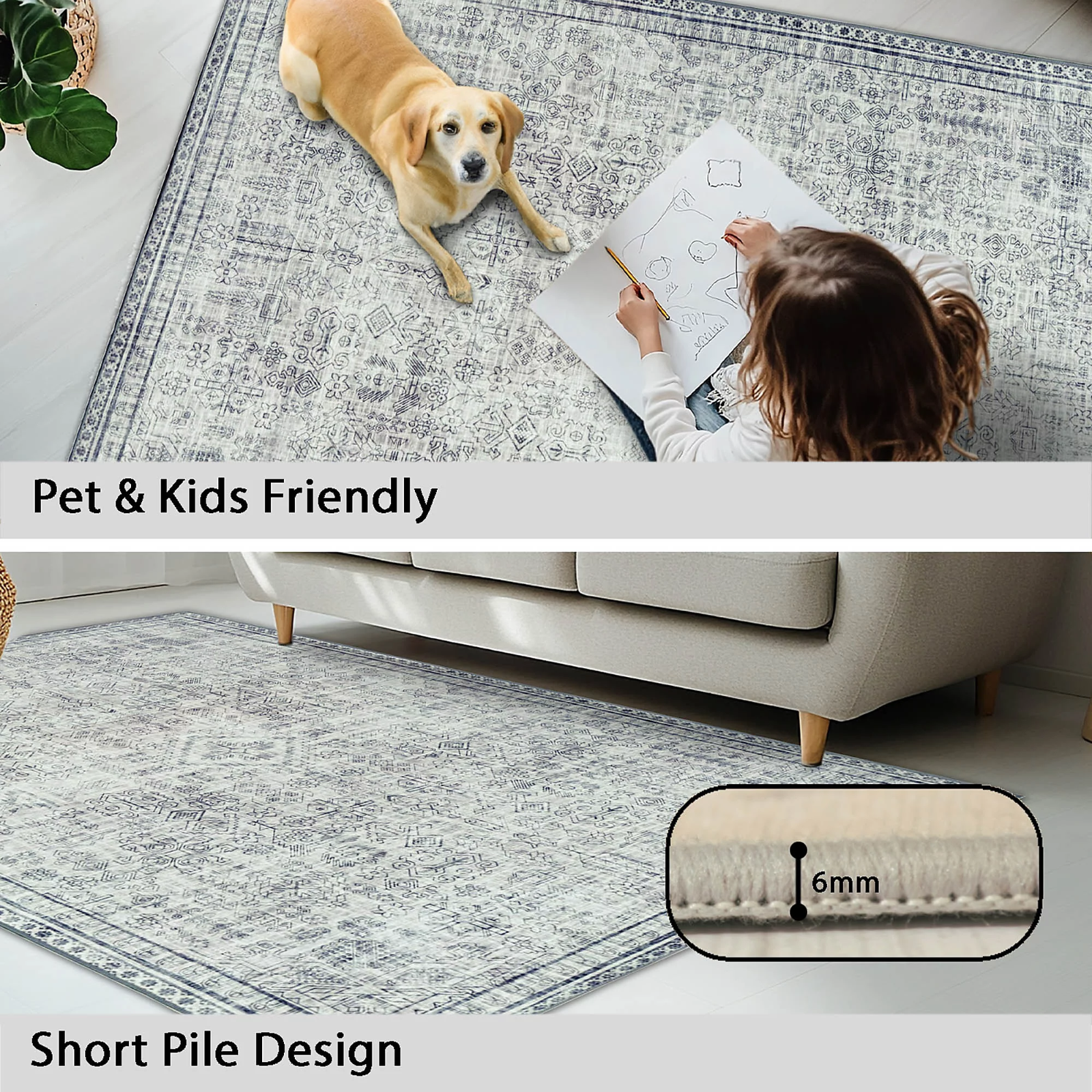 Machine Washable Area Rug 152x213cm Living Room Bedroom Cream Taupe Grey