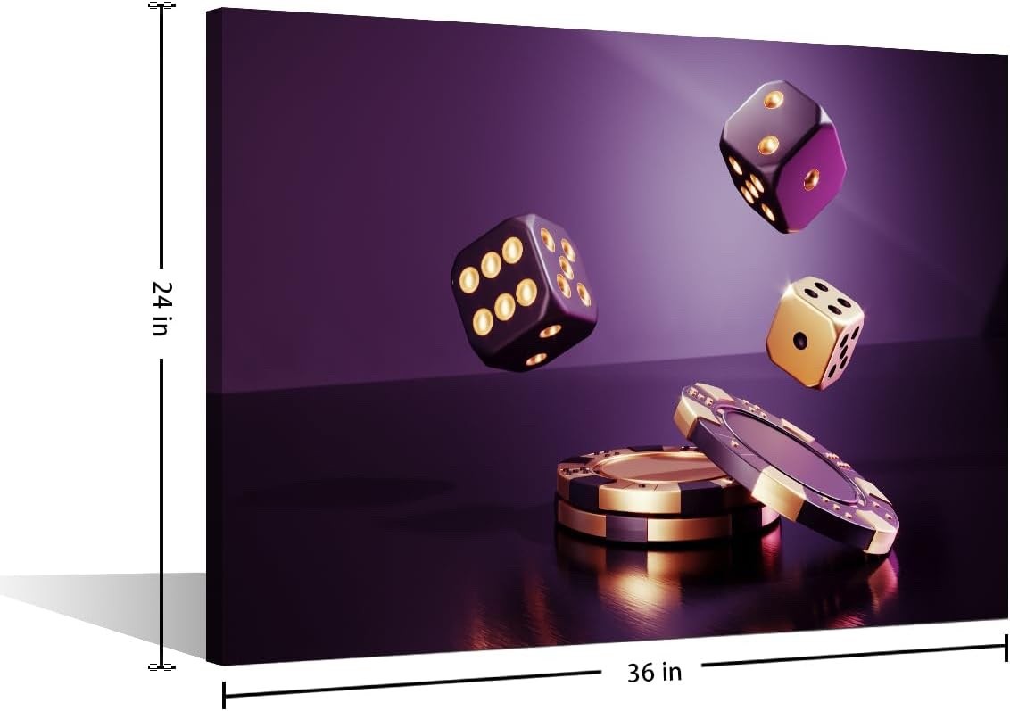 Casino Chips Wall Art Canvas Print Framed 36x24in Poker Dice Game Room Decor