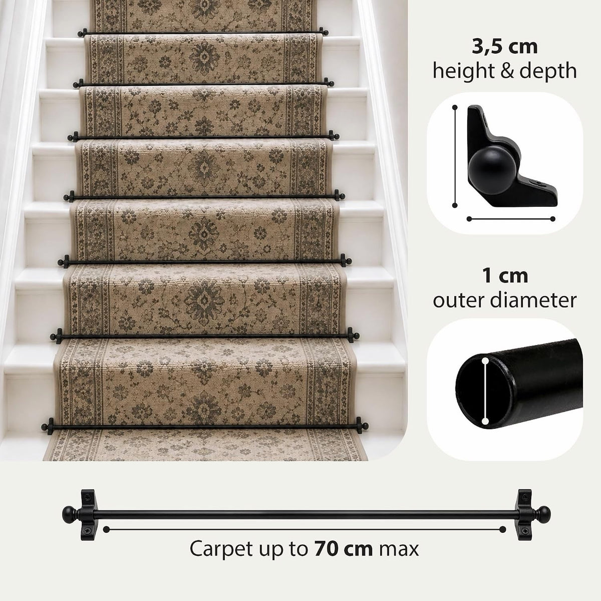 Stair Carpet Rods Runner Set 13 Black Wrought Iron 70cm Round Finials Cut Size