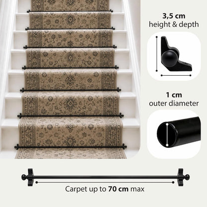 Stair Carpet Rods Runner Set 13 Black Wrought Iron 70cm Round Finials Cut Size