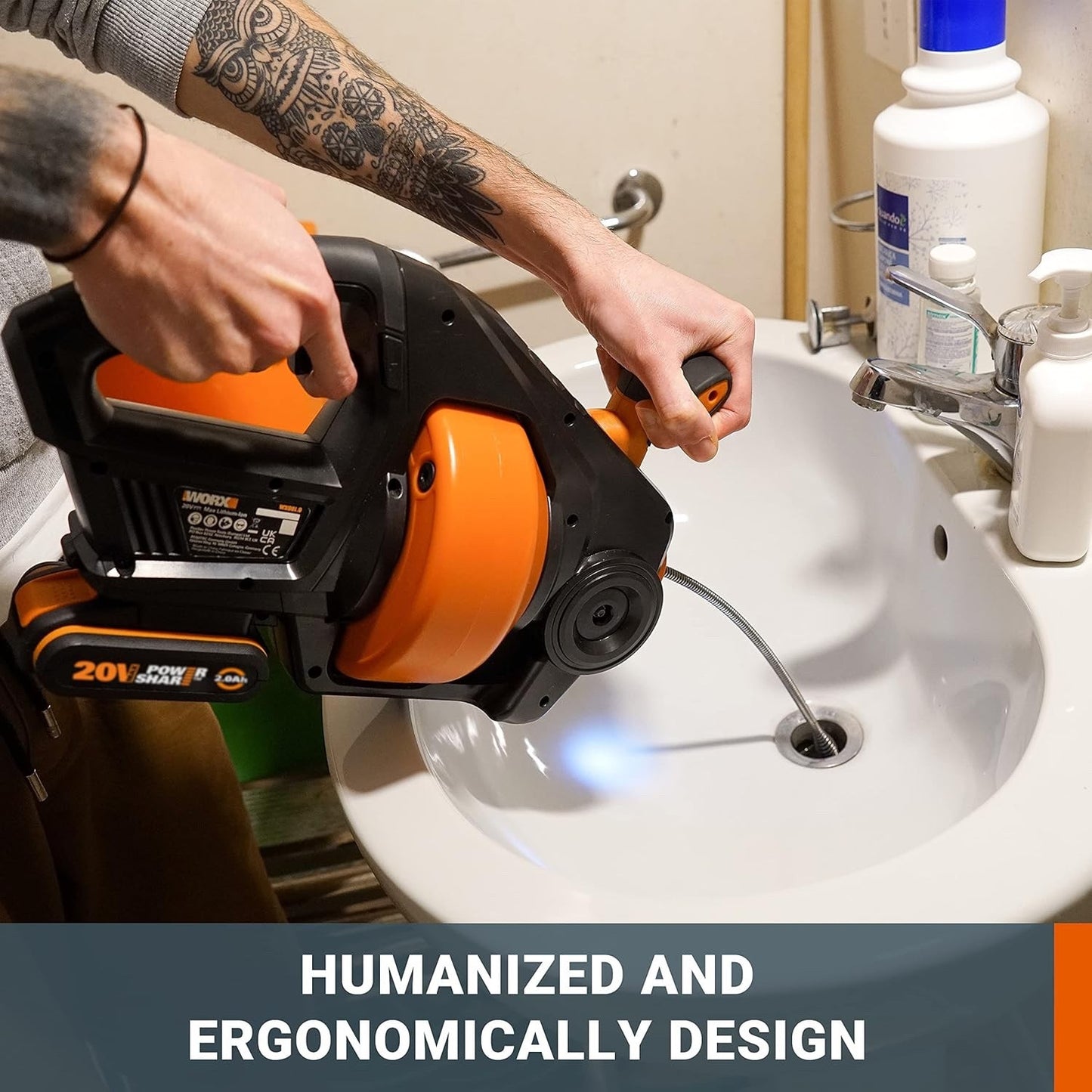 WORX  WX891 Drain Auger, Cordless Plumbing Snake with battery and quick charger