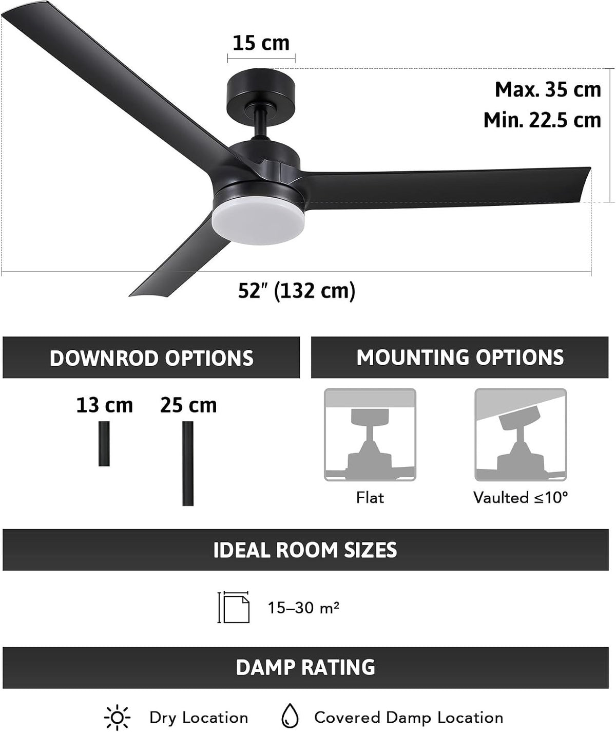 Ceiling Fan Light Remote Control 52 Inch Black 3 Blade 6 Speed Reversible DC Mot
