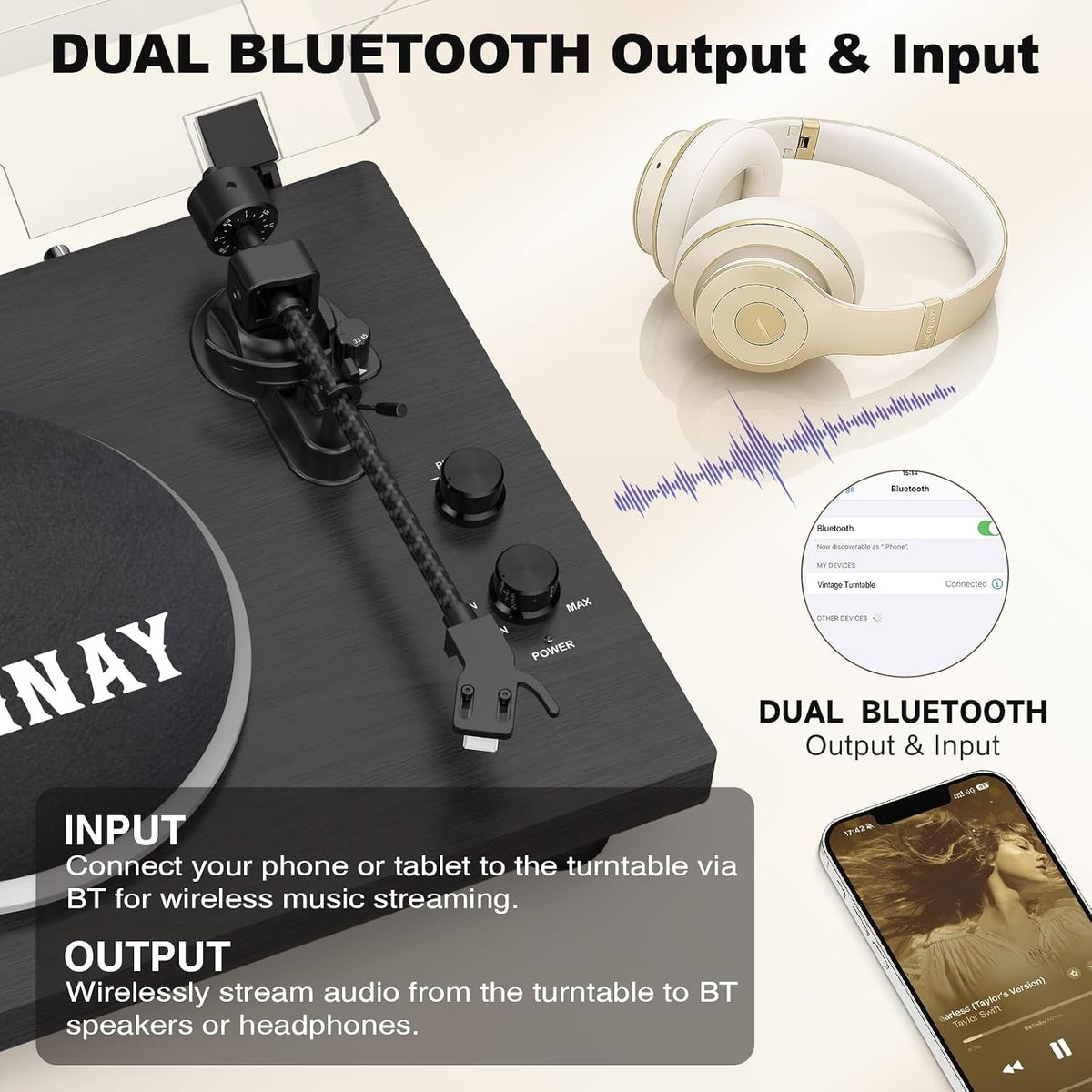 Turntable Record Player with Bluetooth, Adjustable Counterweight, 33/45 RPM – Bl