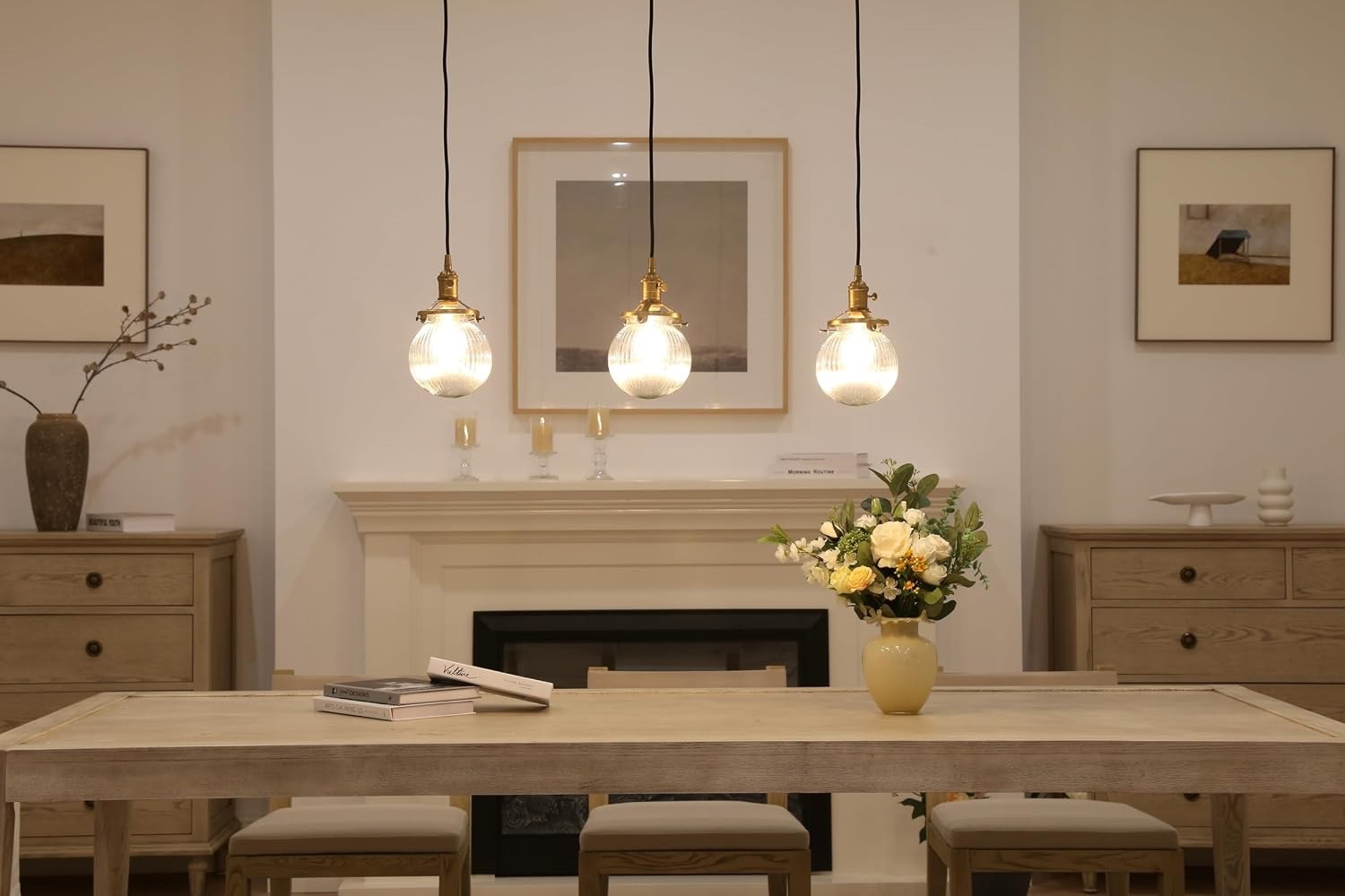 Industrial Pendant Ceiling Light 3 Head Ribbed Glass Antique Gold E27 Hanging
