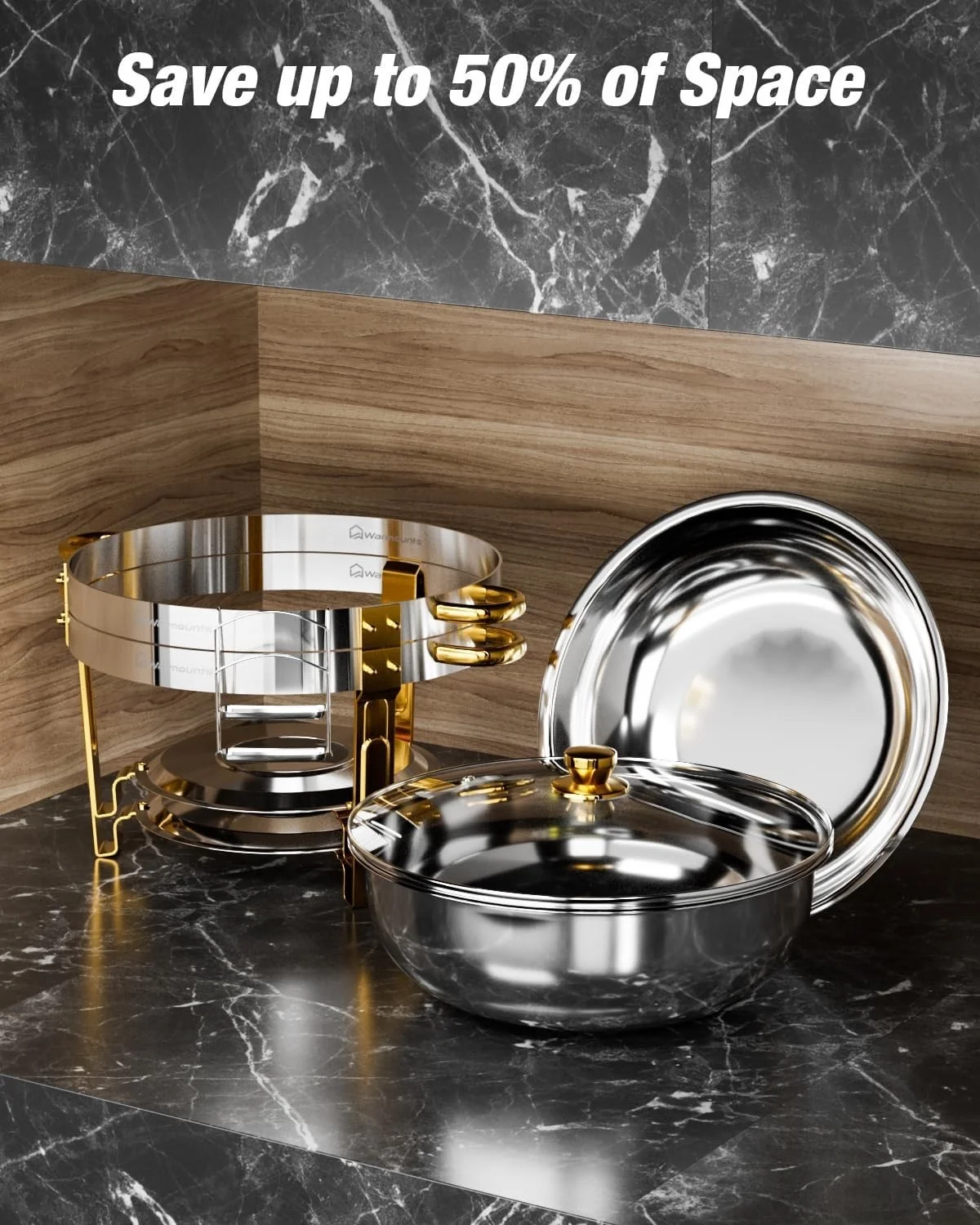 Chafing Dish Buffet Warmer 2 Pack 5L Round Stainless Steel Glass Lid Gold Set