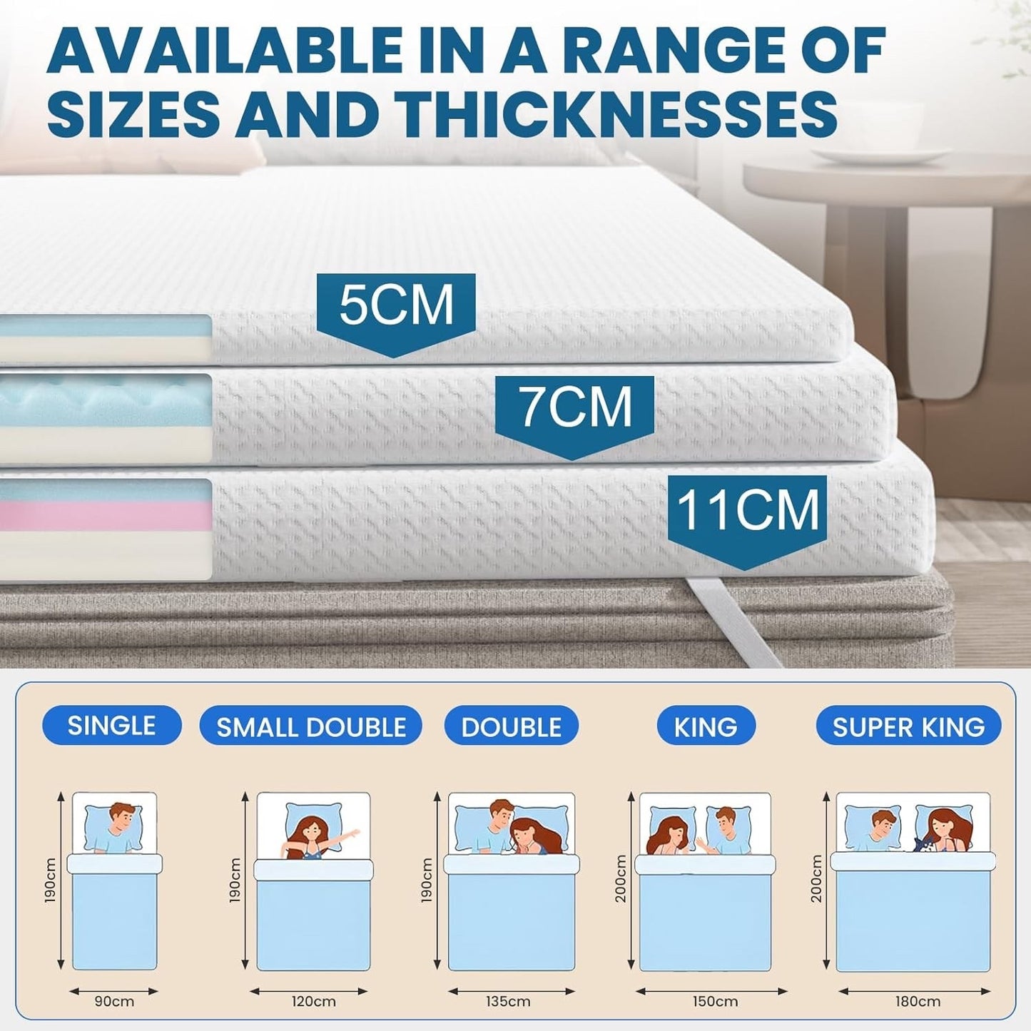 Mattress Topper King 150x200x7cm Memory Foam Washable Cover Back Support